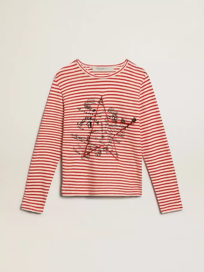 Camiseta de mujer con rayas blancas y rojas y bordado en la parte delantera