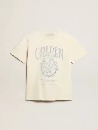 Camiseta de mujer en algodón blanco envejecido con estampado de temporada