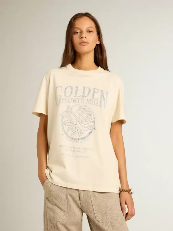 Camiseta de mujer en algodón blanco envejecido con estampado de temporada