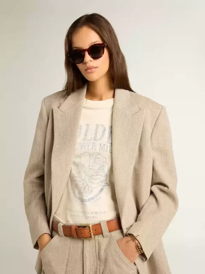 Camiseta de mujer en algodón blanco envejecido con estampado de temporada