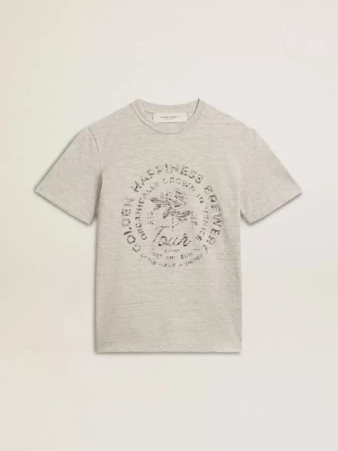 Camiseta de mujer en algodón gris jaspeado con estampado de temporada