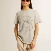 Camiseta de mujer en algodón gris jaspeado con estampado de temporada