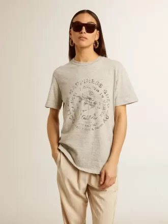 Camiseta de mujer en algodón gris jaspeado con estampado de temporada