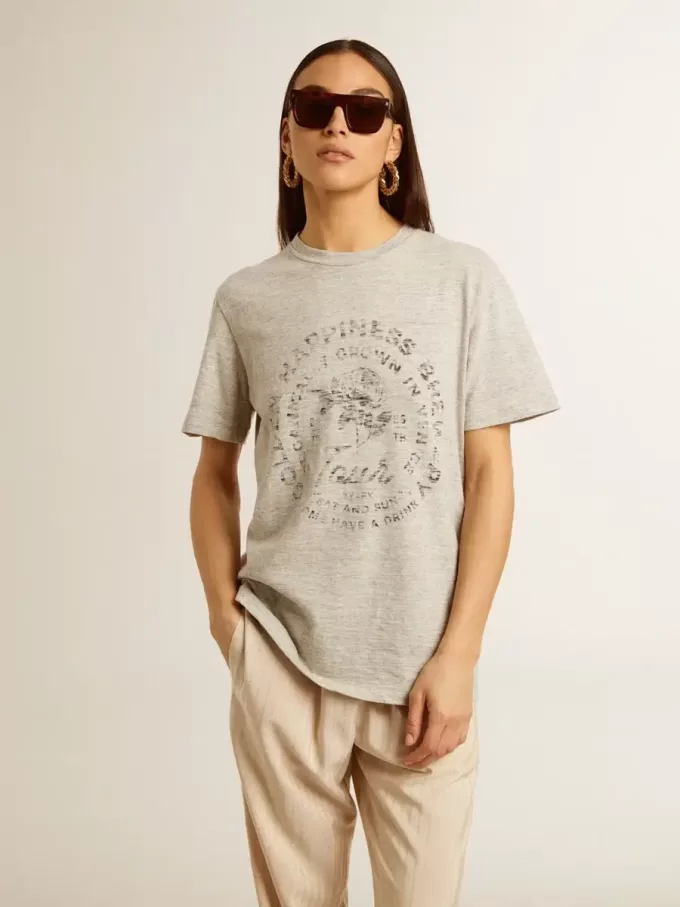 Camiseta de mujer en algodón gris jaspeado con estampado de temporada