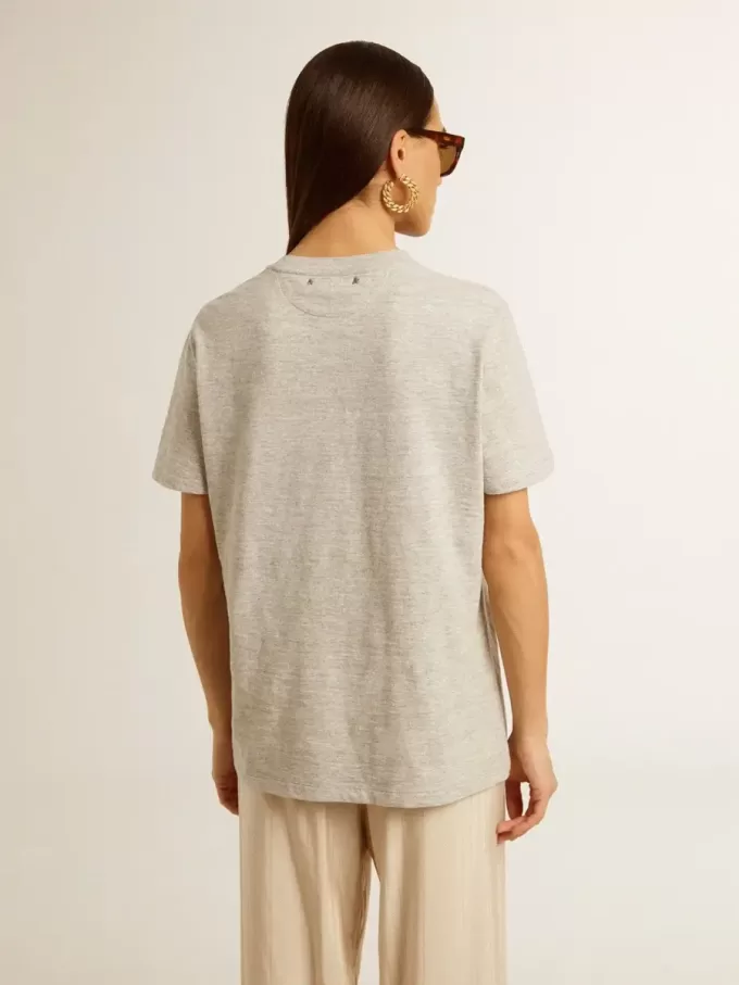 Camiseta de mujer en algodón gris jaspeado con estampado de temporada