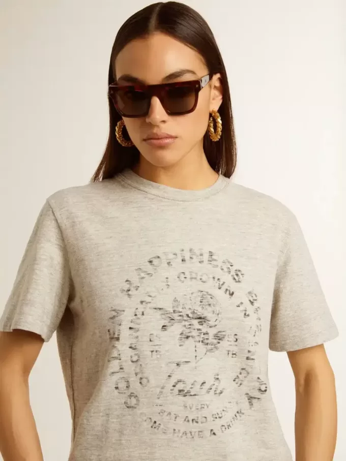 Camiseta de mujer en algodón gris jaspeado con estampado de temporada