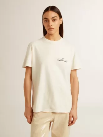 Camiseta de mujer en blanco envejecido con logotipo en el pecho