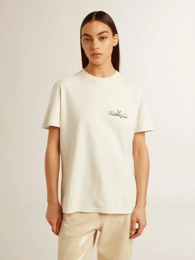 Camiseta de mujer en blanco envejecido con logotipo en el pecho