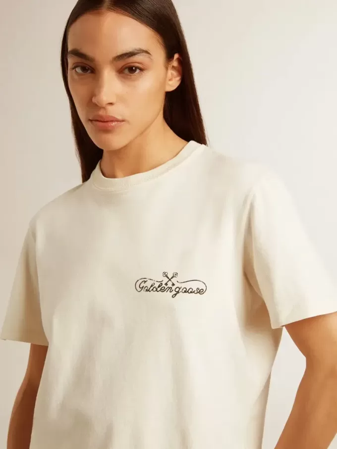 Camiseta de mujer en blanco envejecido con logotipo en el pecho