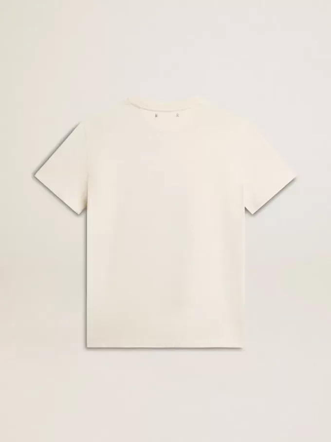 Camiseta de mujer en blanco envejecido con logotipo en el pecho