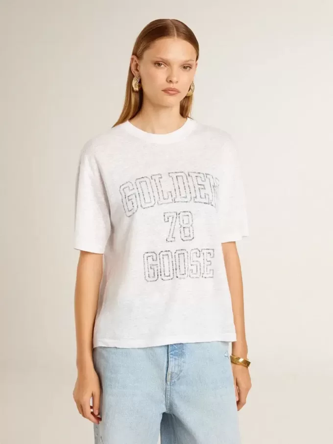 Camiseta ligera de lino blanco con estampado para mujer