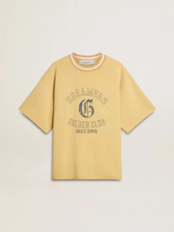 Camiseta oversize de algodón amarilla con estampado azul para hombre