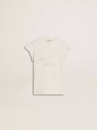 Camiseta para niña con mangas con volantes, letras y bordados