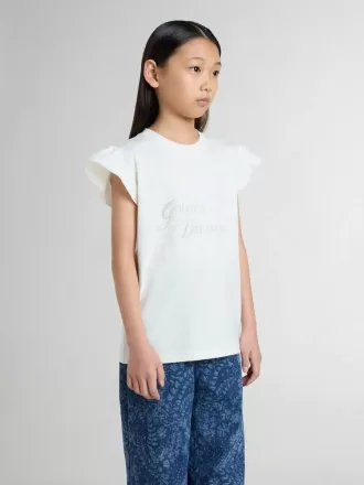 Camiseta para niña con mangas con volantes, letras y bordados