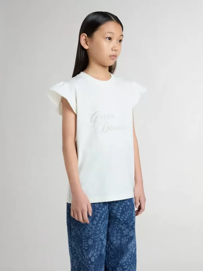 Camiseta para niña con mangas con volantes, letras y bordados Camiseta para niña con mangas con volantes, letras y bordados
