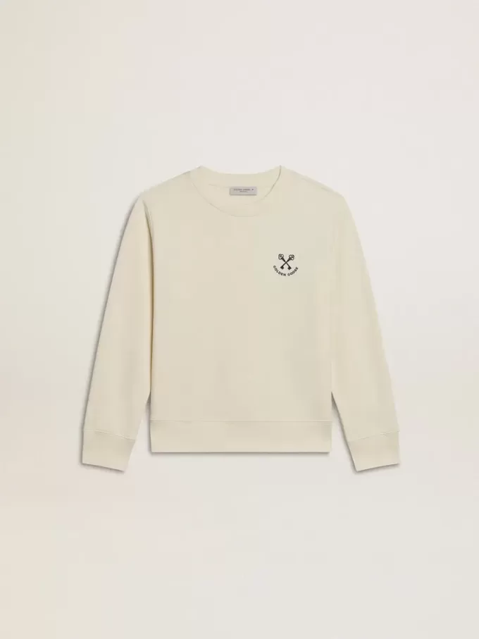 Camiseta para niña en blanco desgastado con bordado en la parte delantera y estampado en la espalda