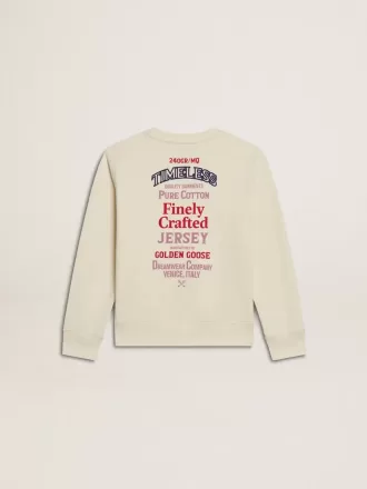 Camiseta para niña en blanco desgastado con bordado en la parte delantera y estampado en la espalda