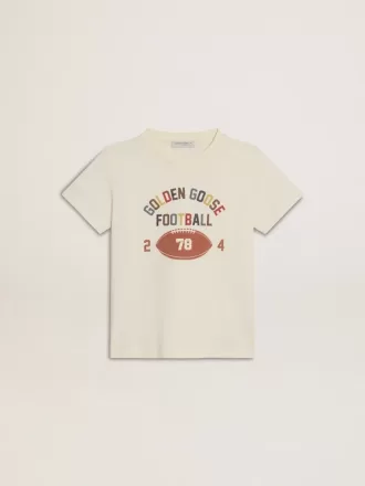 Camiseta para niño en blanco desgastado con letras multicolor