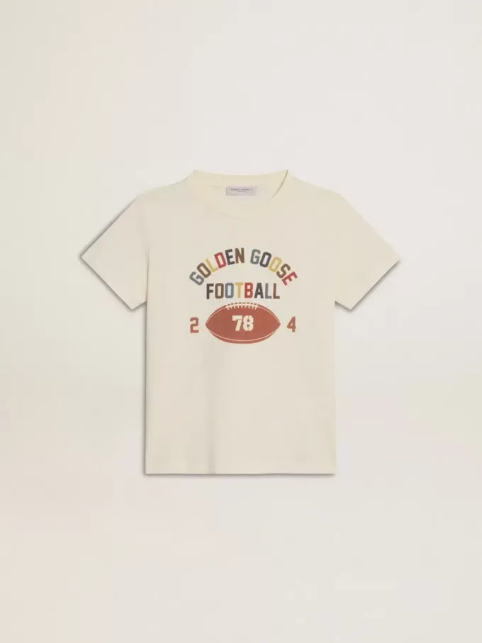 Camiseta para niño en blanco desgastado con letras multicolor