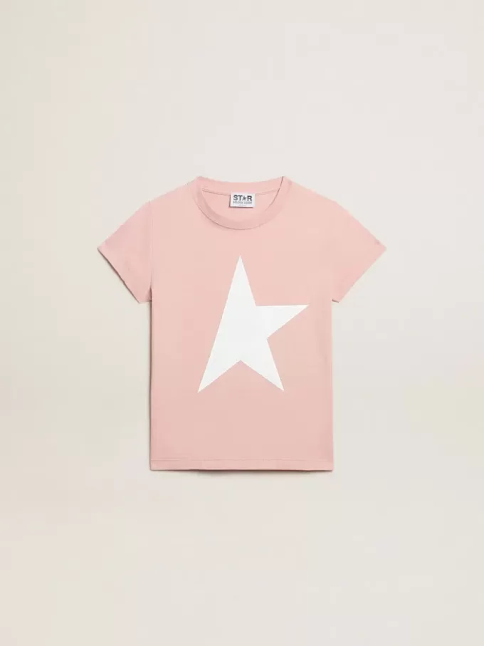 Camiseta rosa para niña con logotipo blanco y estrella maxi Camiseta rosa para niña con logotipo blanco y estrella maxi