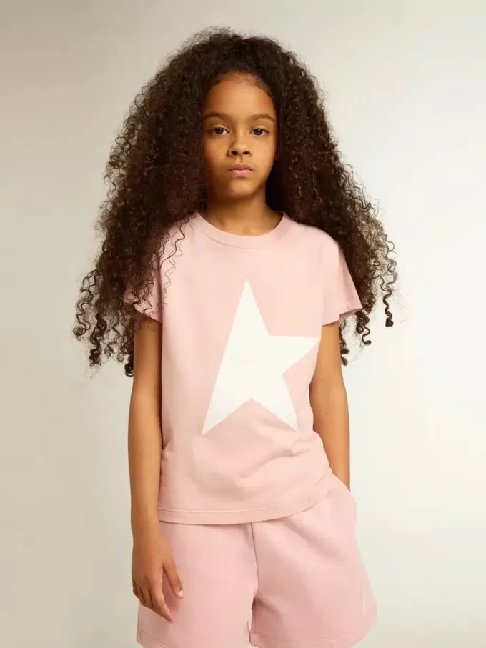 Camiseta rosa para niña con logotipo blanco y estrella maxi Camiseta rosa para niña con logotipo blanco y estrella maxi