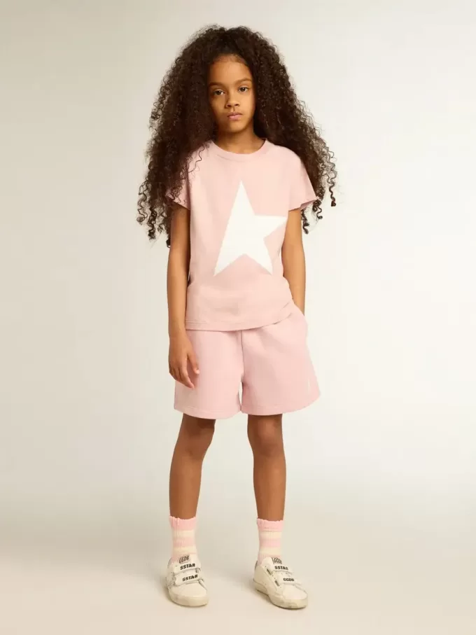 Camiseta rosa para niña con logotipo blanco y estrella maxi Camiseta rosa para niña con logotipo blanco y estrella maxi