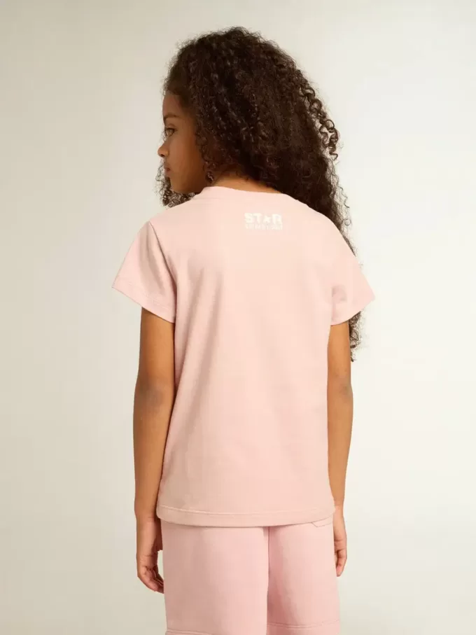 Camiseta rosa para niña con logotipo blanco y estrella maxi Camiseta rosa para niña con logotipo blanco y estrella maxi