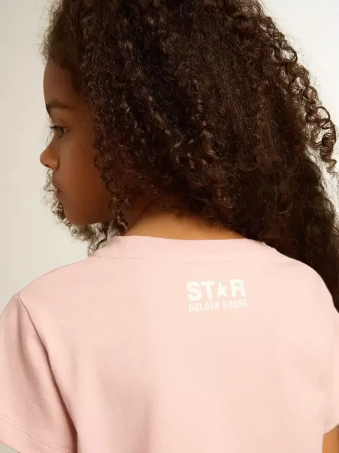 Camiseta rosa para niña con logotipo blanco y estrella maxi Camiseta rosa para niña con logotipo blanco y estrella maxi