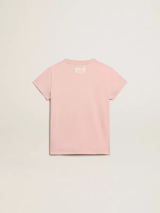 Camiseta rosa para niña con logotipo blanco y estrella maxi Camiseta rosa para niña con logotipo blanco y estrella maxi