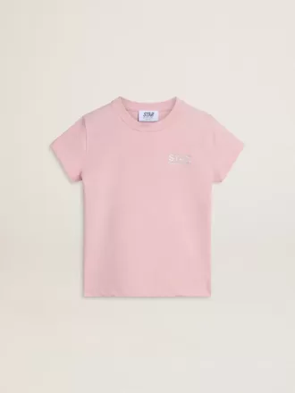 Camiseta rosa para niña con logotipo plateado brillante y estrella maxi