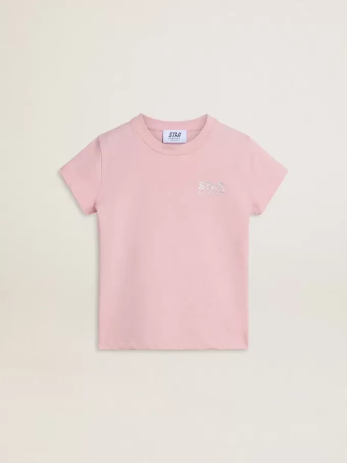 Camiseta rosa para niña con logotipo plateado brillante y estrella maxi