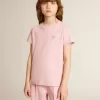 Camiseta rosa para niña con logotipo plateado brillante y estrella maxi