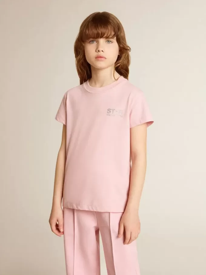 Camiseta rosa para niña con logotipo plateado brillante y estrella maxi