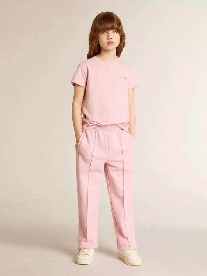 Camiseta rosa para niña con logotipo plateado brillante y estrella maxi