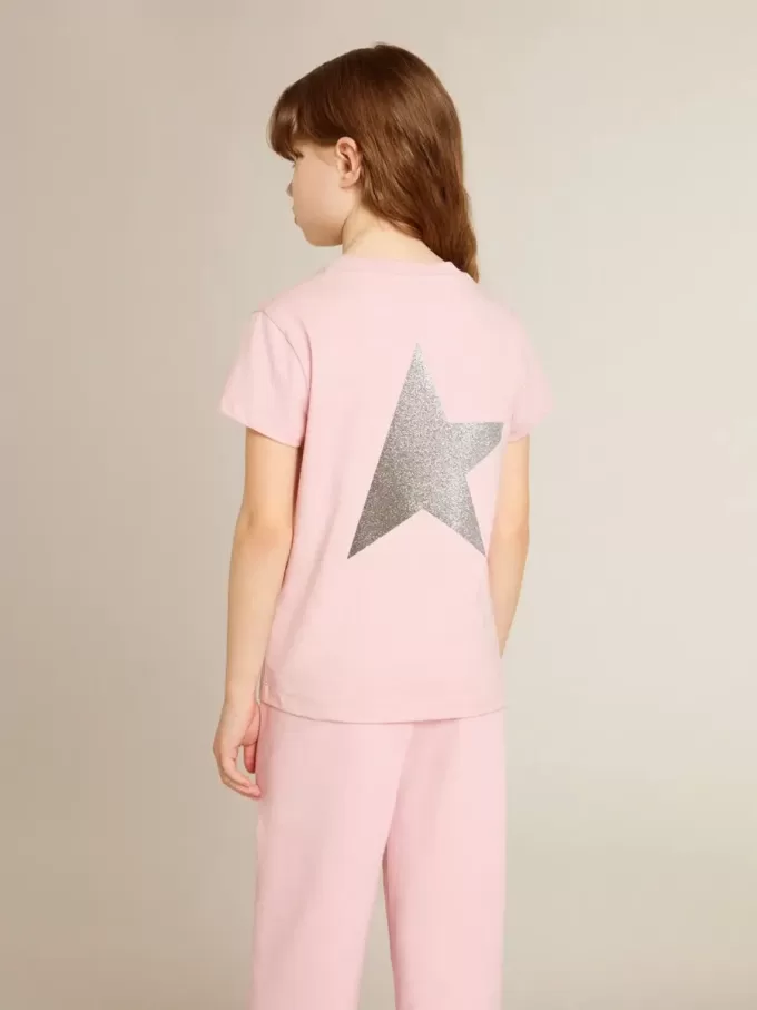 Camiseta rosa para niña con logotipo plateado brillante y estrella maxi
