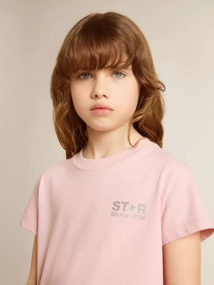 Camiseta rosa para niña con logotipo plateado brillante y estrella maxi