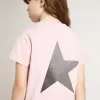 Camiseta rosa para niña con logotipo plateado brillante y estrella maxi