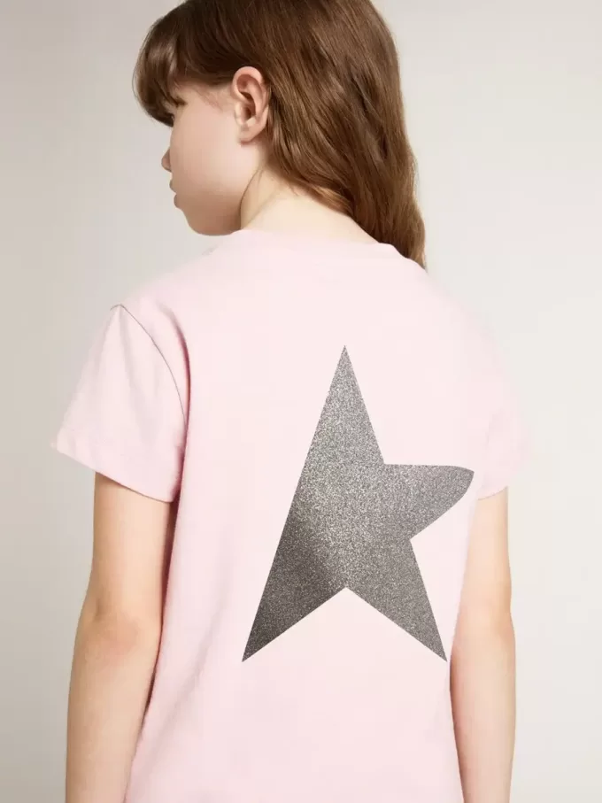 Camiseta rosa para niña con logotipo plateado brillante y estrella maxi