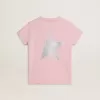 Camiseta rosa para niña con logotipo plateado brillante y estrella maxi