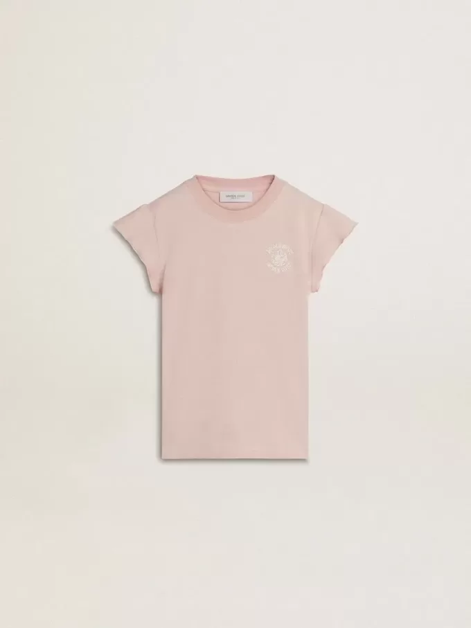 Camiseta rosa para niña con mangas con volantes y bordados