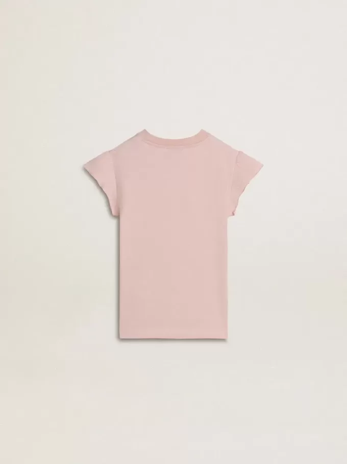 Camiseta rosa para niña con mangas con volantes y bordados