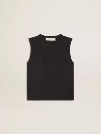 Camiseta sin mangas en negro desgastado con bordado degradado tono sobre tono.