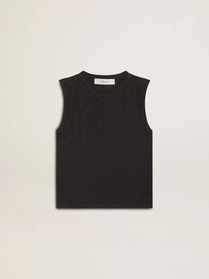 Camiseta sin mangas en negro desgastado con bordado degradado tono sobre tono.