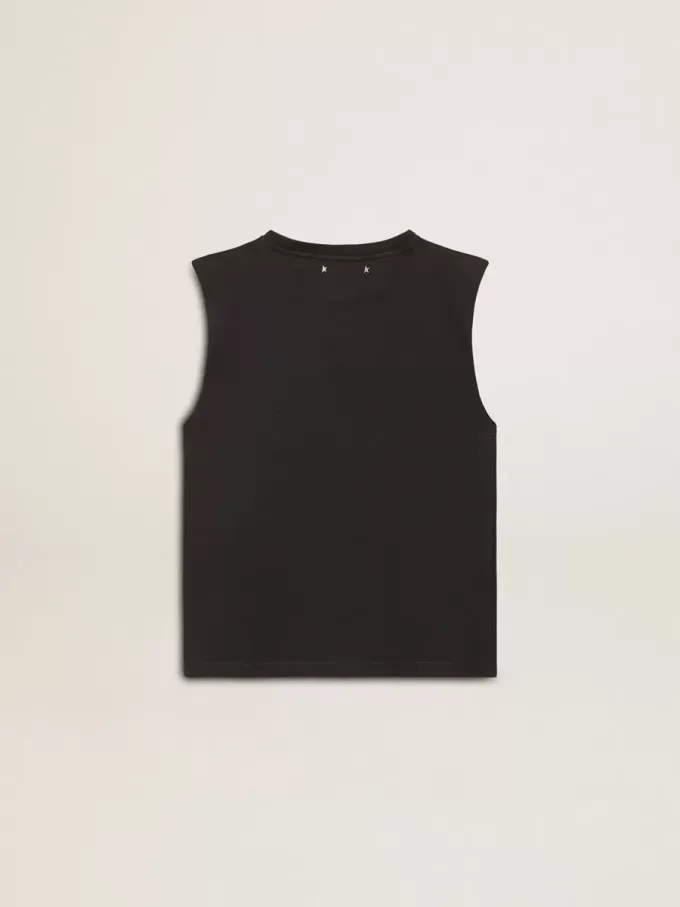 Camiseta sin mangas en negro desgastado con bordado degradado tono sobre tono.