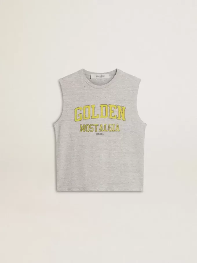 Camiseta sin mangas gris para mujer con estampado amarillo