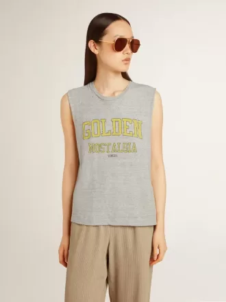 Camiseta sin mangas gris para mujer con estampado amarillo