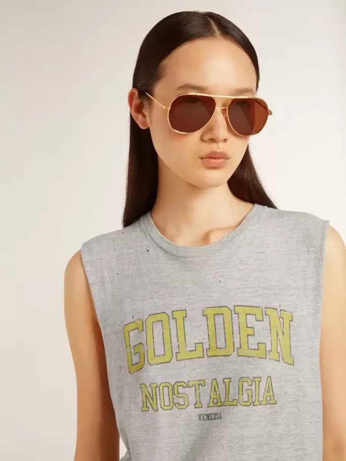 Camiseta sin mangas gris para mujer con estampado amarillo