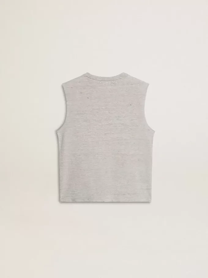 Camiseta sin mangas gris para mujer con estampado amarillo