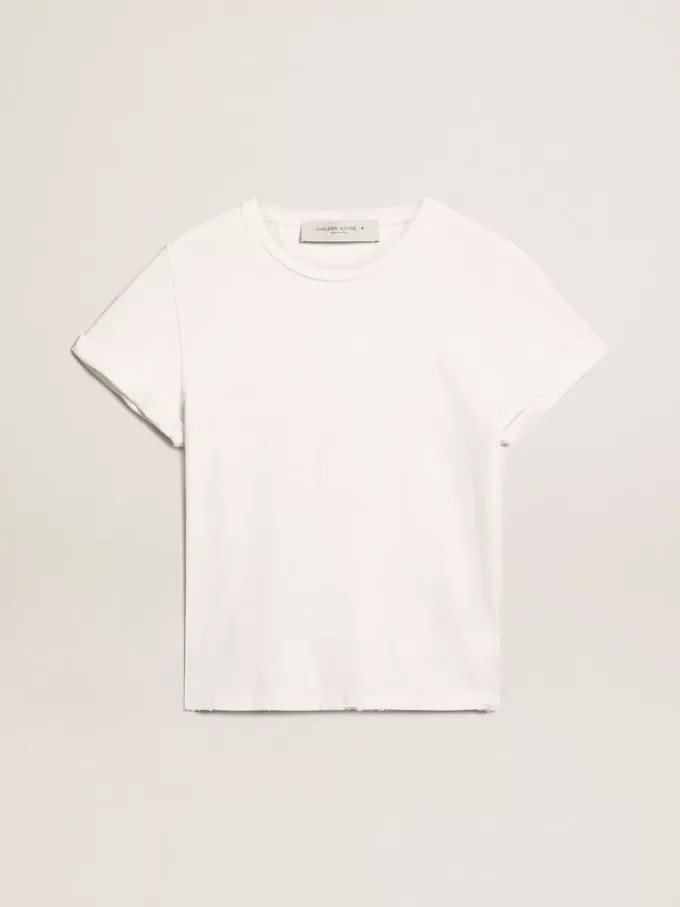 Camiseta slim fit para mujer en blanco con efecto desgastado
