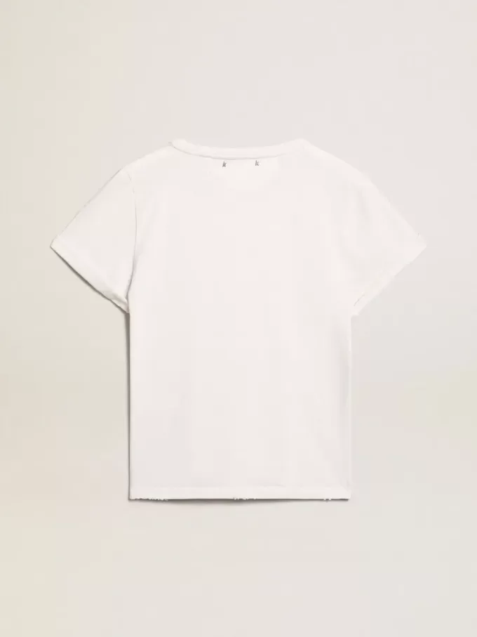 Camiseta slim fit para mujer en blanco con efecto desgastado